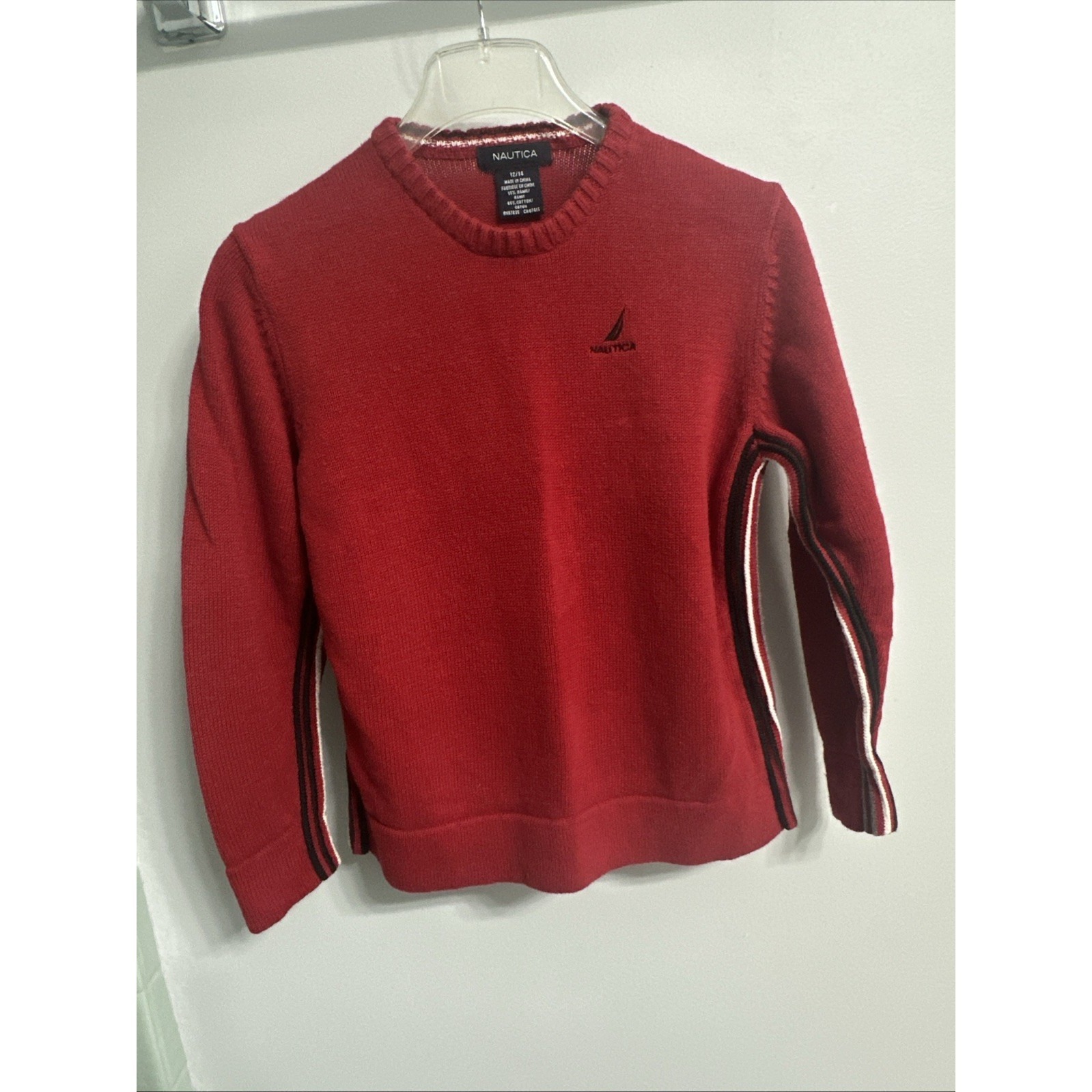 Nautica Sweater Red Black White Stripped Colorblock Knit Boys 12/14 Yrs